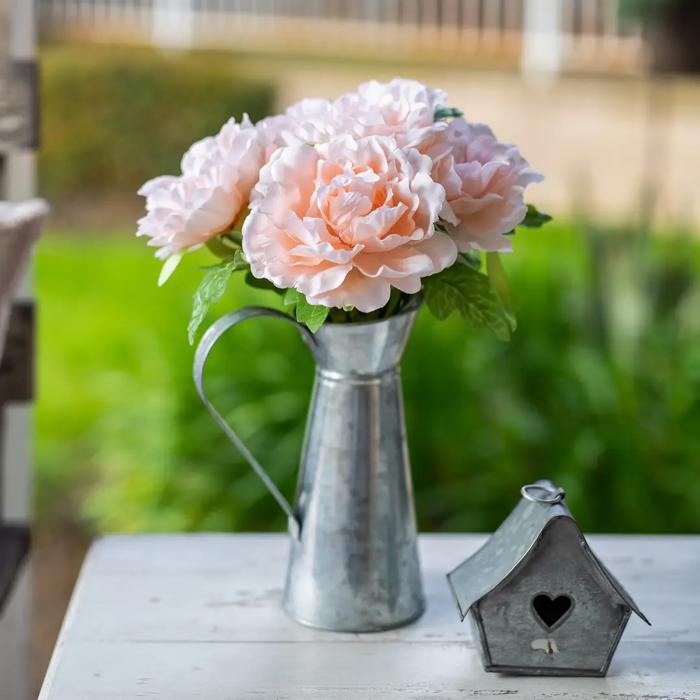 13" Peach Peonies in Tin Watering Can