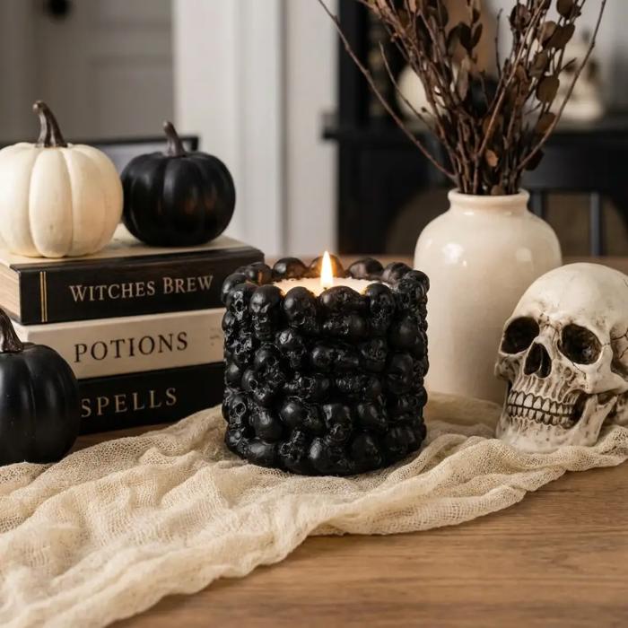 4.5"D Ceramic Black Skulls Candle - Midnight Spell (12oz)