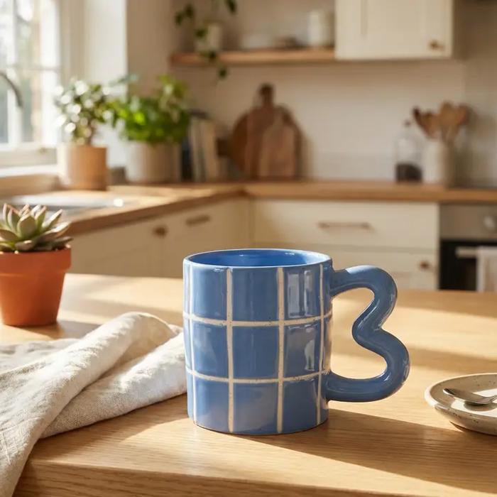 18 oz Blue Grid Ceramic Mug with Heart Handle