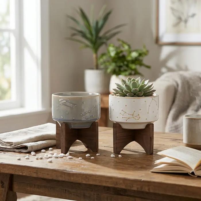 4" Constellation Ceramic Mini Pot on Wood Stand 