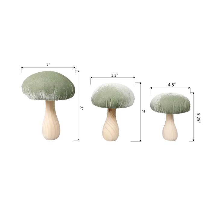 Set of 3 Velvet Mushroom on Wood Stem L,M,S (SAGE)