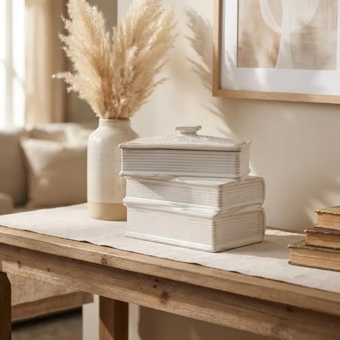 Ceramic Stacked Book Candle with Lid - Fresh Air