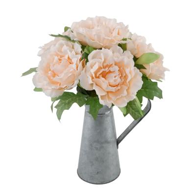 13" Peach Peonies in Tin Watering Can