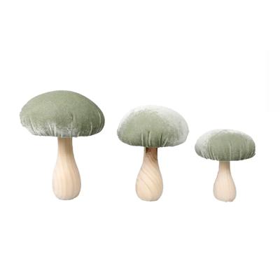 Set of 3 Velvet Mushroom on Wood Stem L,M,S (SAGE)