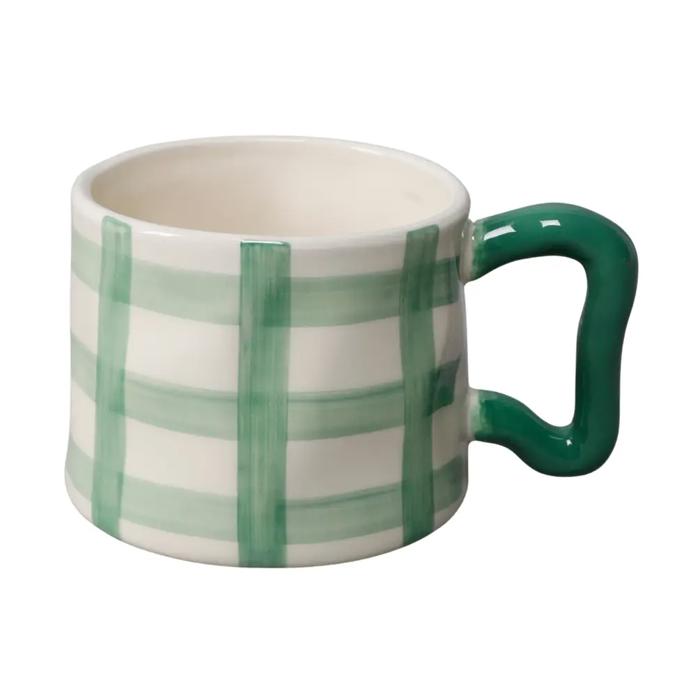 Green Plaid Ceramic Mug with Sculpted Handle – 18oz