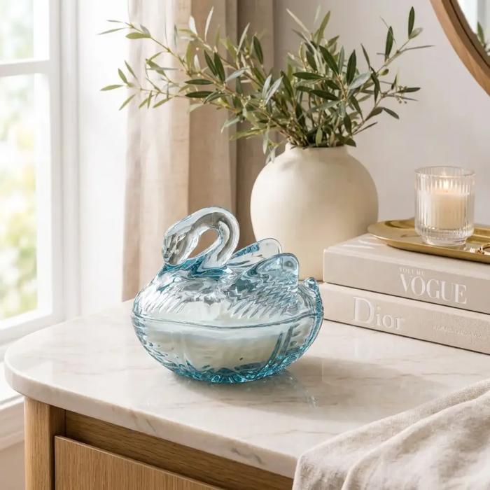 5.38"L Blue Glass Swan Candle w/Lid (4.5 oz)