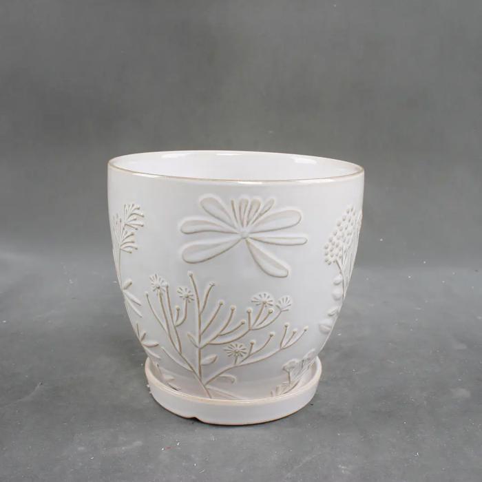 Set of 3 Ivory 10",8“,6.75” Jungle Flowers Ceramic Pots on Saucer 