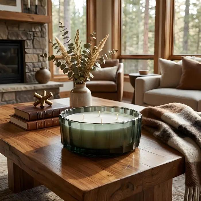 32 oz Dark Green Ribbed Glass Bowl Candle – Teakwood Forest