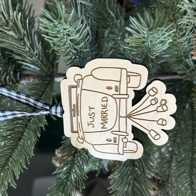 Just Married hand-drawn vintage car ornament on engraved maple