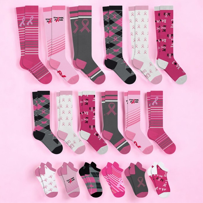 6-Pair Breast Cancer Awareness Compression Knee High & Ankle Socks