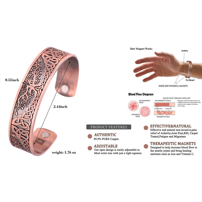 Set of 2 Adjustable Tree of Life Magnetic Therapy Copper Bracelet For Men and Women