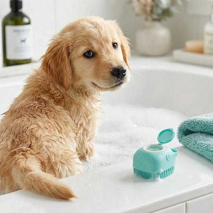 Soft Silicone Pet Bath Brush with Shampoo Dispenser Easy Grooming & Massage Scrubber for Dogs & Cats (1 or 2 Pack)