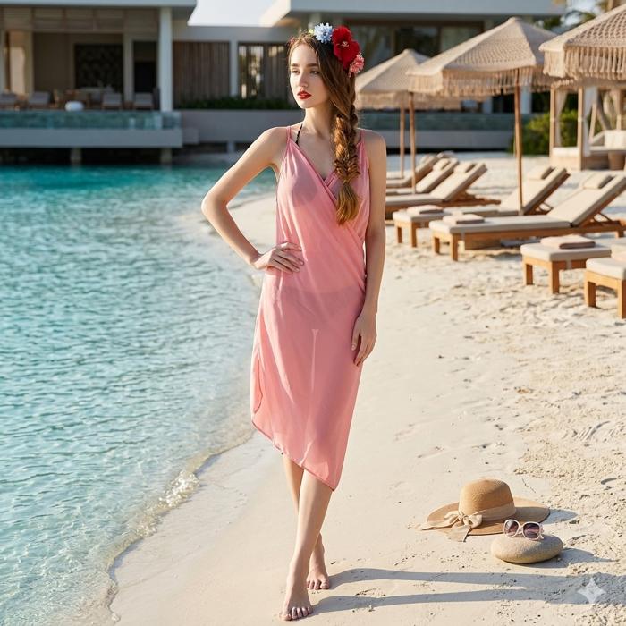 Women’s Elegant Sleeveless Sheer Beach Cover-Up Wrap Dress Sexy Swimwear Style Layering Piece