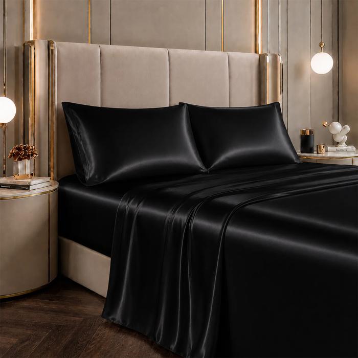 4 Piece Satin Sheet Set, Silky Soft Cooling Bed Sheets, Deep Pocket Fitted Sheet, Breathable Luxury Bedding for All Seasons