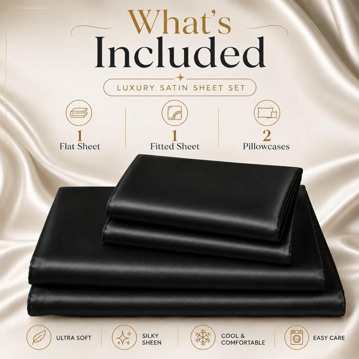 4 Piece Satin Sheet Set, Silky Soft Cooling Bed Sheets, Deep Pocket Fitted Sheet, Breathable Luxury Bedding for All Seasons