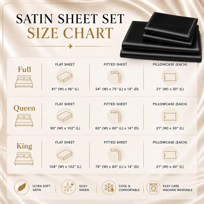 4 Piece Satin Sheet Set, Silky Soft Cooling Bed Sheets, Deep Pocket Fitted Sheet, Breathable Luxury Bedding for All Seasons