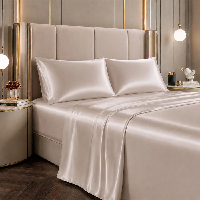 4 Piece Satin Sheet Set, Silky Soft Cooling Bed Sheets, Deep Pocket Fitted Sheet, Breathable Luxury Bedding for All Seasons