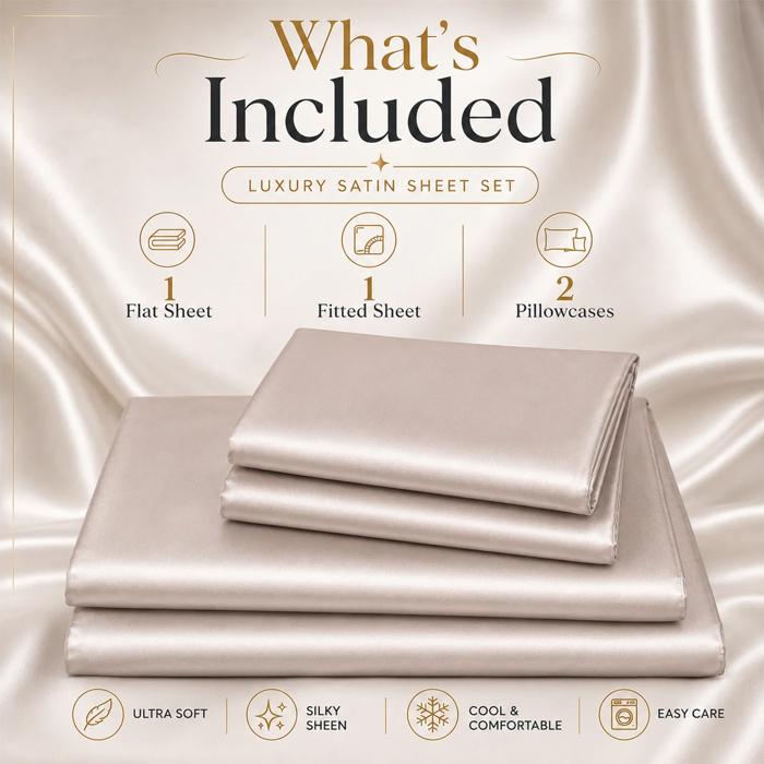 4 Piece Satin Sheet Set, Silky Soft Cooling Bed Sheets, Deep Pocket Fitted Sheet, Breathable Luxury Bedding for All Seasons