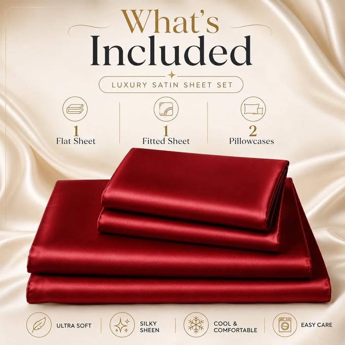 4 Piece Satin Sheet Set, Silky Soft Cooling Bed Sheets, Deep Pocket Fitted Sheet, Breathable Luxury Bedding for All Seasons