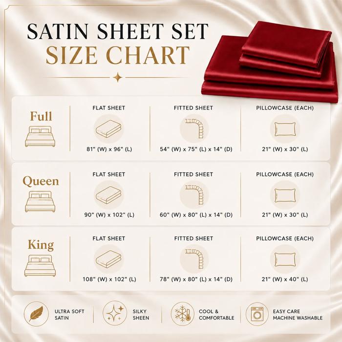4 Piece Satin Sheet Set, Silky Soft Cooling Bed Sheets, Deep Pocket Fitted Sheet, Breathable Luxury Bedding for All Seasons