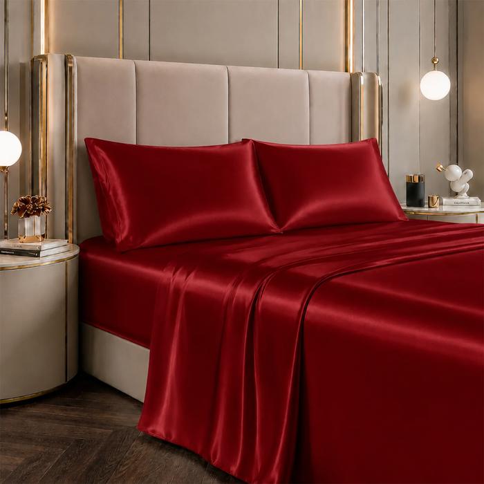 4 Piece Satin Sheet Set, Silky Soft Cooling Bed Sheets, Deep Pocket Fitted Sheet, Breathable Luxury Bedding for All Seasons
