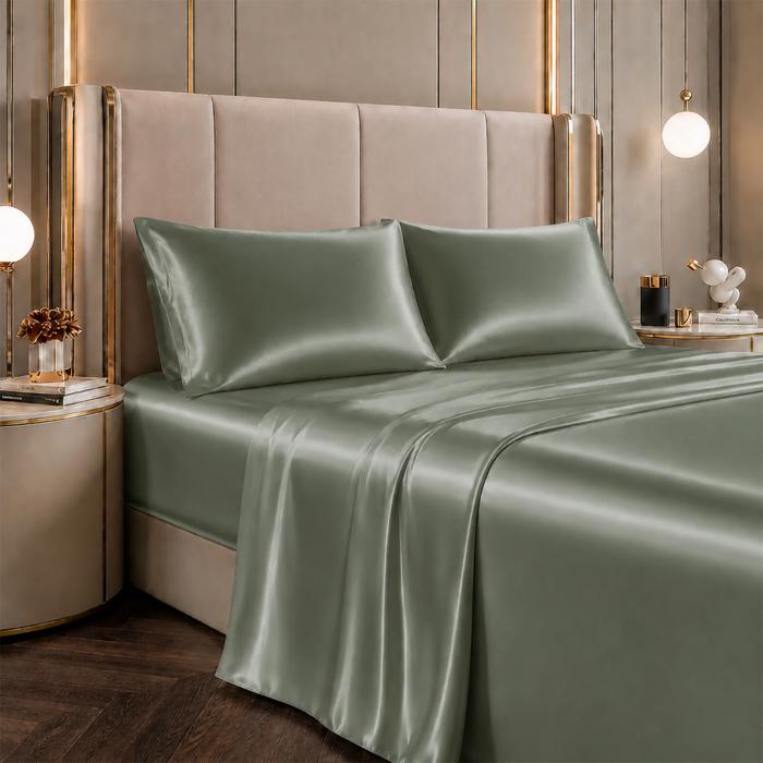 4 Piece Satin Sheet Set, Silky Soft Cooling Bed Sheets, Deep Pocket Fitted Sheet, Breathable Luxury Bedding for All Seasons