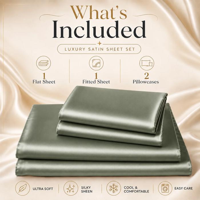 4 Piece Satin Sheet Set, Silky Soft Cooling Bed Sheets, Deep Pocket Fitted Sheet, Breathable Luxury Bedding for All Seasons