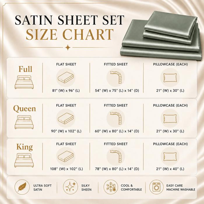 4 Piece Satin Sheet Set, Silky Soft Cooling Bed Sheets, Deep Pocket Fitted Sheet, Breathable Luxury Bedding for All Seasons