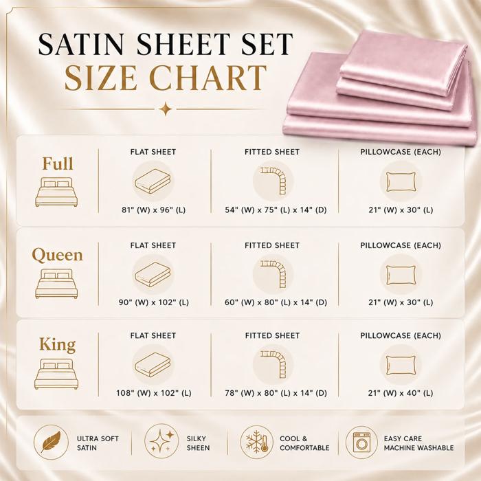 4 Piece Satin Sheet Set, Silky Soft Cooling Bed Sheets, Deep Pocket Fitted Sheet, Breathable Luxury Bedding for All Seasons