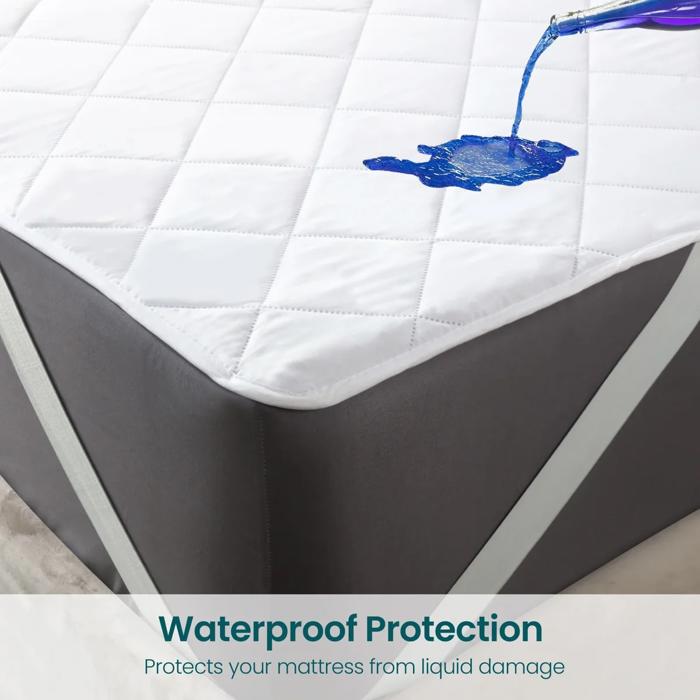 Waterproof Mattress Pad with Elastic Strap – Quilted Mattress Protector, Breathable, Hypoallergenic, Spill & Stain Resistant, Secure Fit