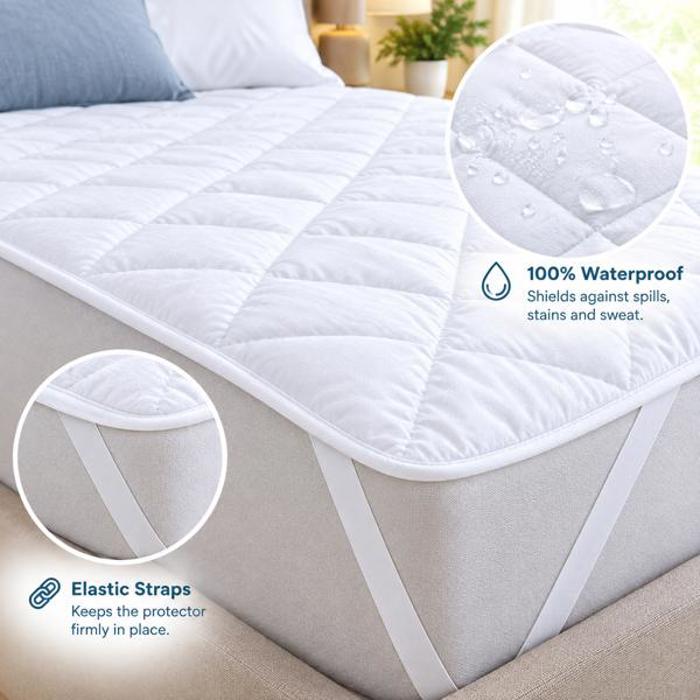 Waterproof Mattress Pad with Elastic Strap – Quilted Mattress Protector, Breathable, Hypoallergenic, Spill & Stain Resistant, Secure Fit