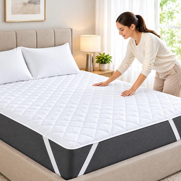 Waterproof Mattress Pad with Elastic Strap – Quilted Mattress Protector, Breathable, Hypoallergenic, Spill & Stain Resistant, Secure Fit
