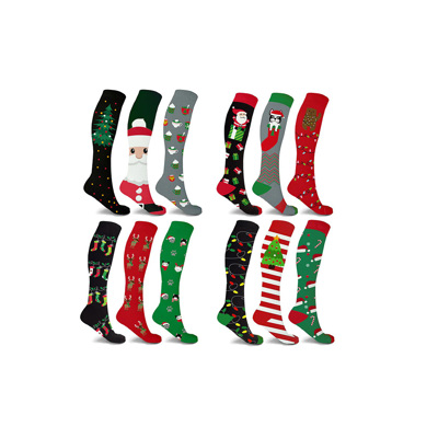 Christmas Tree Santa Snow Flakes Collection Knee-High Support Compression Socks for Travel, Work & Winter Joy | 3 Pairs