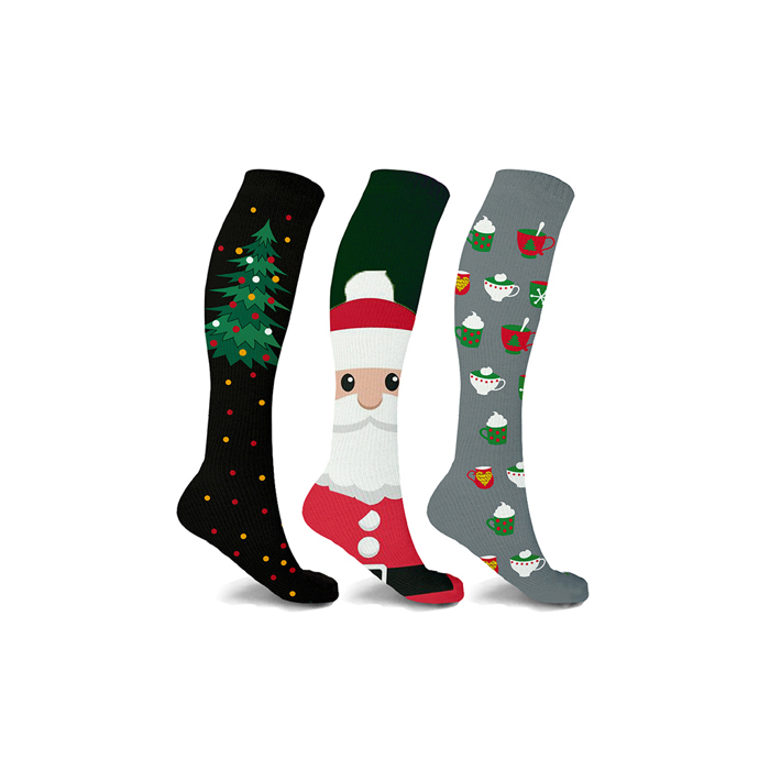 Christmas Tree Santa Snow Flakes Collection Knee-High Support Compression Socks for Travel, Work & Winter Joy | 3 Pairs
