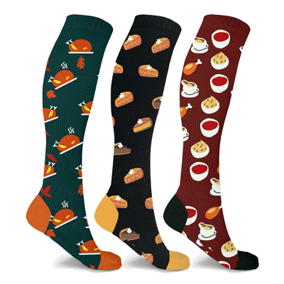 3 Pair - Holiday Christmas & Thanksgiving Comfort Knee High Compression Socks