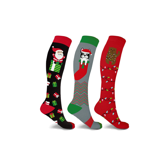 Christmas Tree Santa Snow Flakes Collection Knee-High Support Compression Socks for Travel, Work & Winter Joy | 3 Pairs