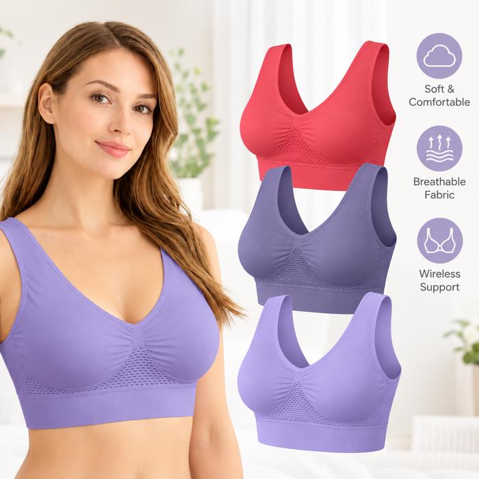 3-Pack Lightweight Seamless Bras Wireless Stretch Support with Wide Straps and Full-Coverage Comfort