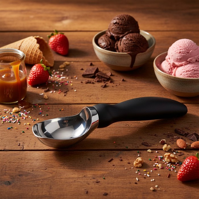 Premium Ice Cream Scoop Polished Steel Scooper with Comfortable Anti-Slip Handle for Easy Serving