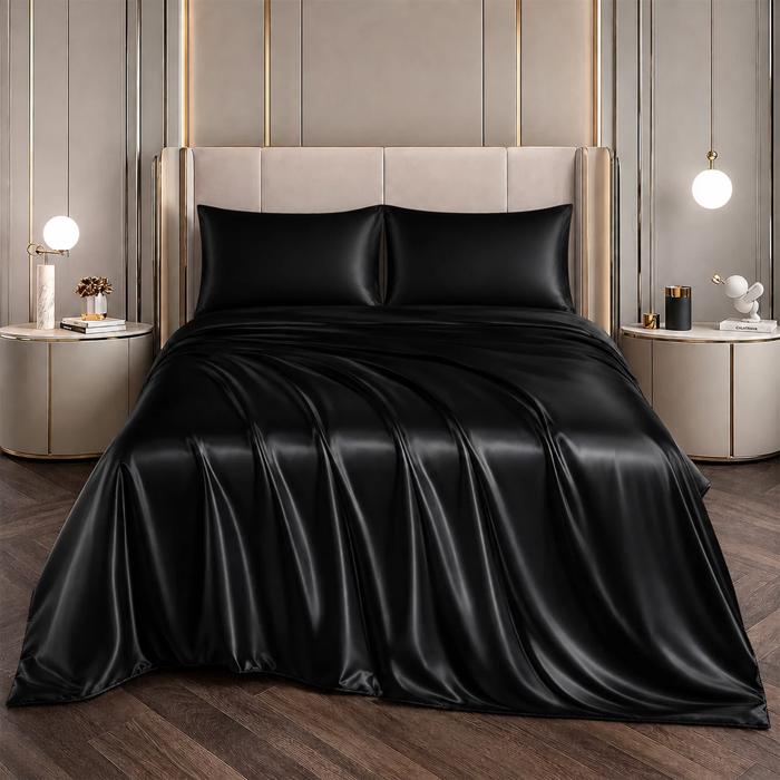 4 Piece Satin Sheet Set, Silky Soft Cooling Bed Sheets, Deep Pocket Fitted Sheet, Breathable Luxury Bedding for All Seasons