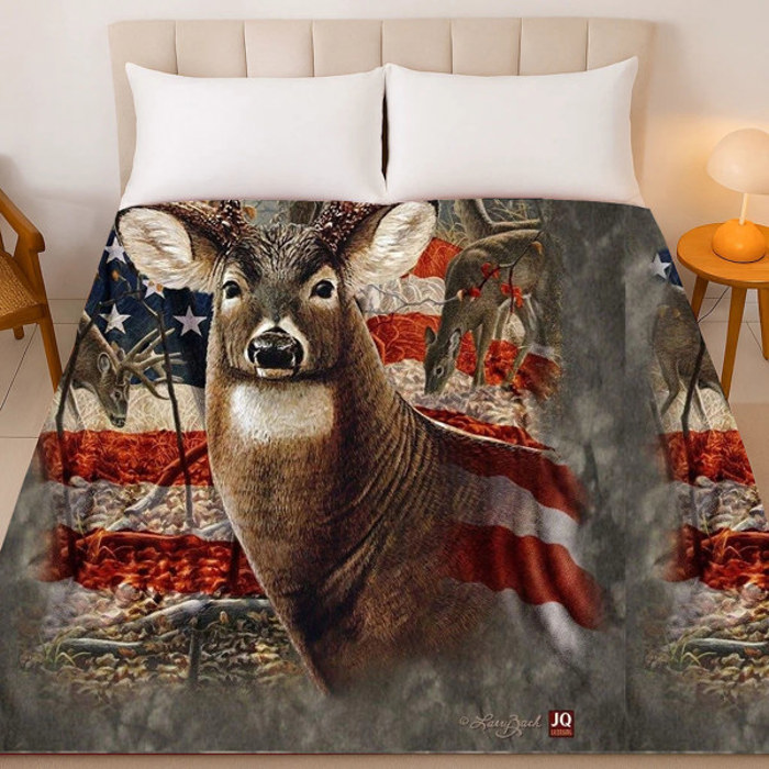 Deer & American Flag Design Plush Queen Size Hunting Blanket