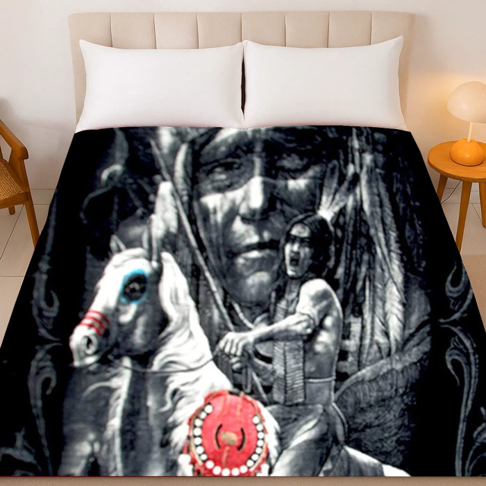 Native American Horse and Warrior Plush Throw