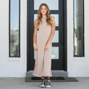 Large Beige Shoulder Pad Midi Dress