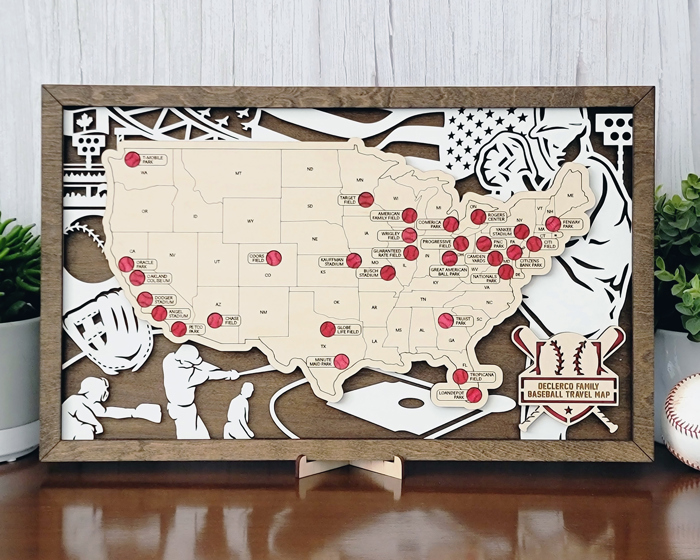 Stadium Series Baseball Stadium Travel Checklist Map – 18" x 10" Engraved Wooden US Map with Customizable Nameplate