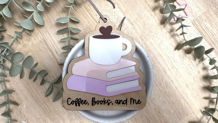 Birch and Acrylic Coffee Books and Me Custom Personalized Ornament or Car Charm