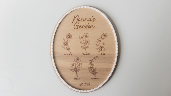 Personalized Grandma Mom Garden Sign | Birth Month Flowers + Established Date | Scalloped Acrylic Frame