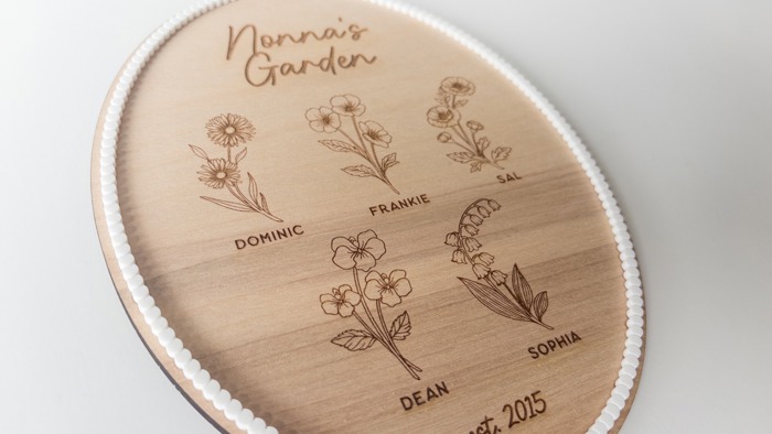 Personalized Grandma Mom Garden Sign | Birth Month Flowers + Established Date | Scalloped Acrylic Frame