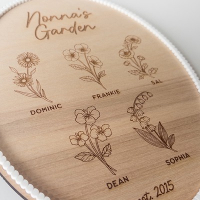 Personalized Grandma Mom Garden Sign | Birth Month Flowers + Established Date | Scalloped Acrylic Frame