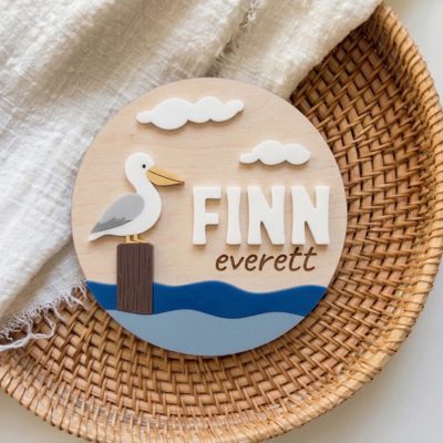 Personalized Coastal Nursery Name Sign | Pelican Beach Theme | Baby Boy Room Decor