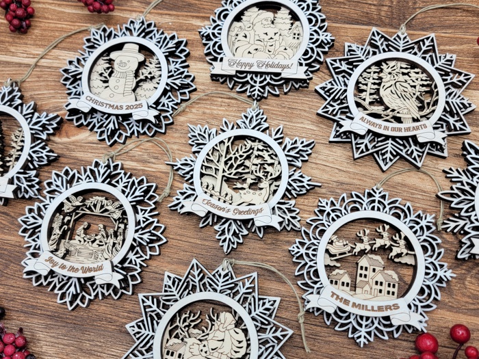 Handcrafted Winter Wonderland Ornaments | Layered Baltic Birch & Pattern Ply Snowflakes | Christmas Tree Décor with Santa, Snowman, Nativity & More
