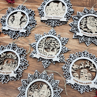 Handcrafted Winter Wonderland Ornaments | Layered Baltic Birch & Pattern Ply Snowflakes | Christmas Tree Décor with Santa, Snowman, Nativity & More